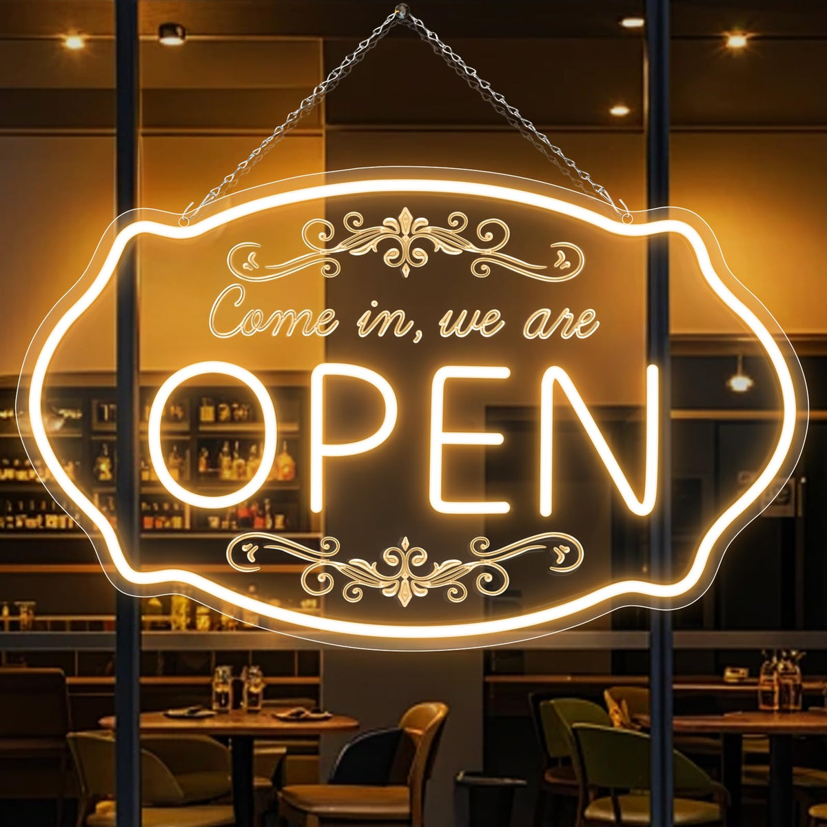 LED Neon Open Sign for Business, 23.5x14'' Come in We’re Open Sign, Warm White Adjustable Brightness Neon Lights for Party, Bar,Salon, Stores, Hotel, Wall Decor, Clubs, Hotels