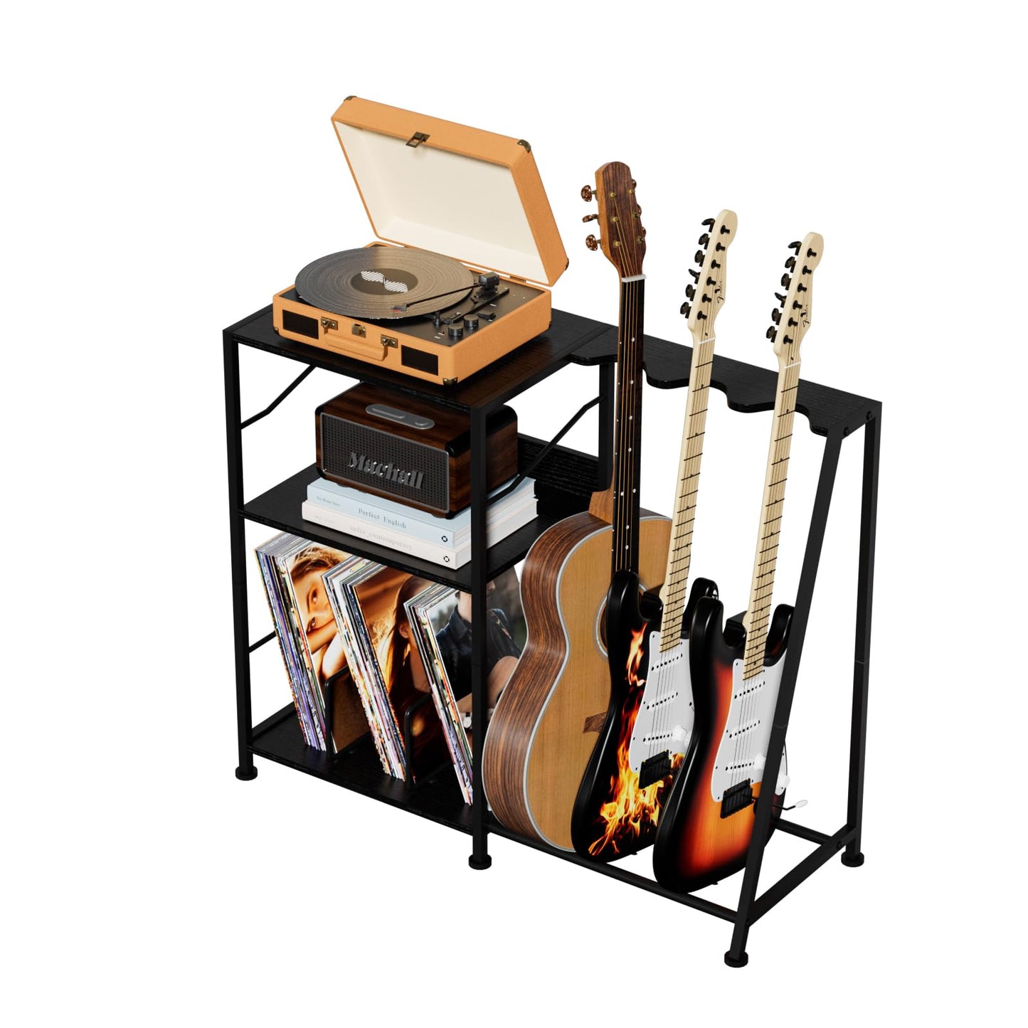 Hosfais Record Player Stand, 3 Tier Guitar Stand for Acoustic, Electric Guitar, Bass Stand, Vinyl Record Storage Up to 200 Albums, Brown Records Shelf for Living Room Bedroom (Black)