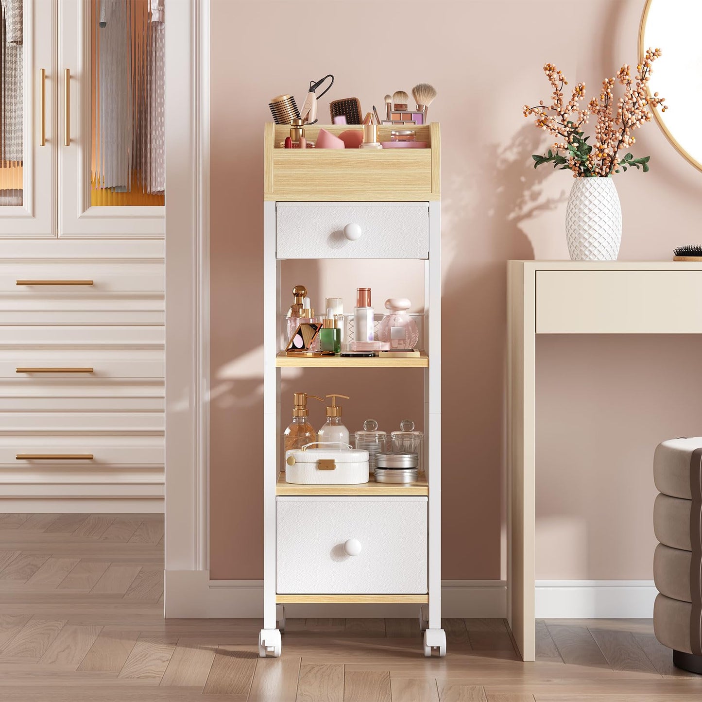 HOOBRO Makeup Organizer Cart with Fabric Drawers, Mobile Makeup Storage with Swivel Casters and Leveling Feet, Cosmetics Display Holder for Bathroom and Bedroom Vanity, White and Natural WN20TC04