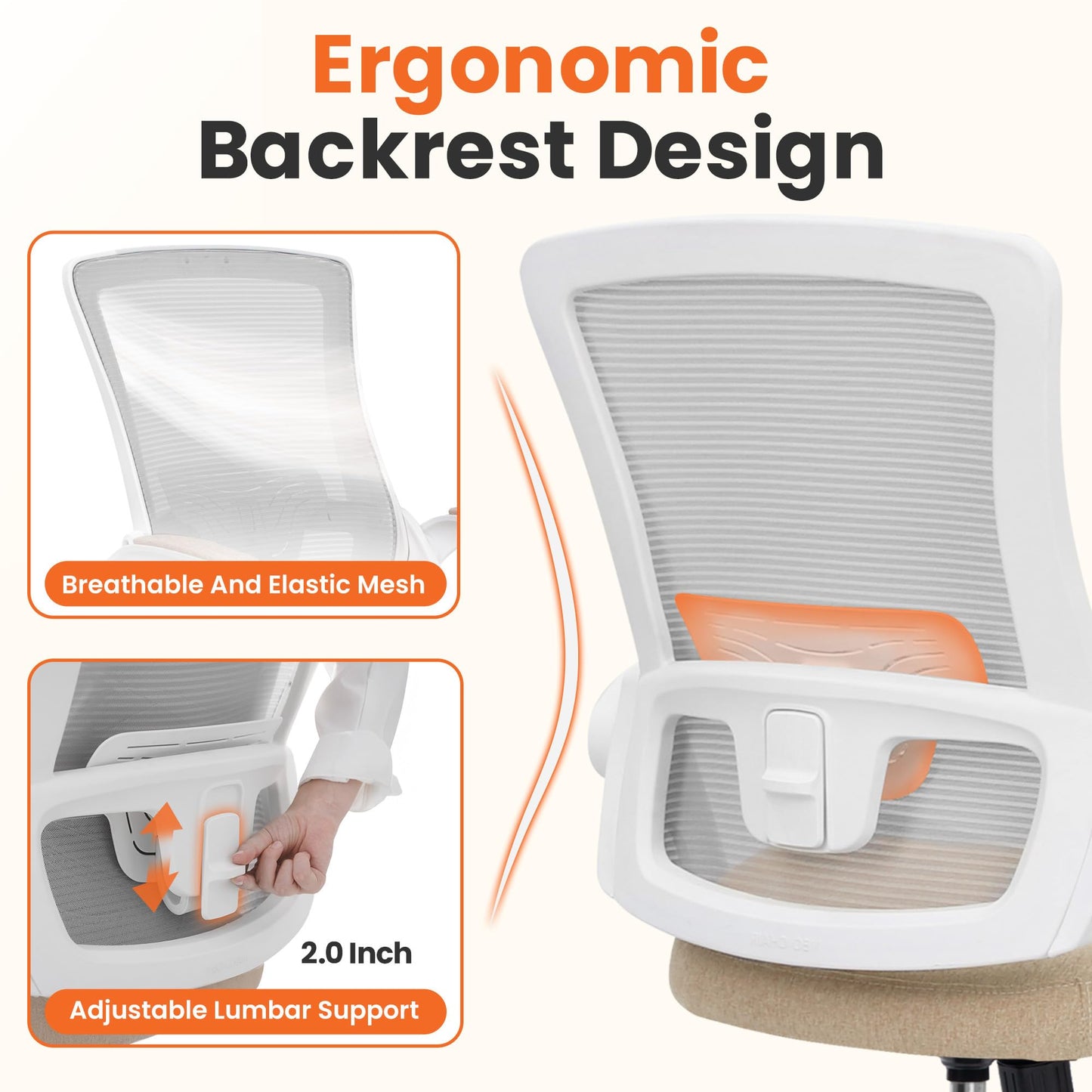 NEO CHAIR Office Desk Gaming Chair Computer High Back Mesh Seat with Rolling Wheels Ergonomic Adjustable Comfy Flip-up Armrests Lumbar Support Height for Home (Beige)