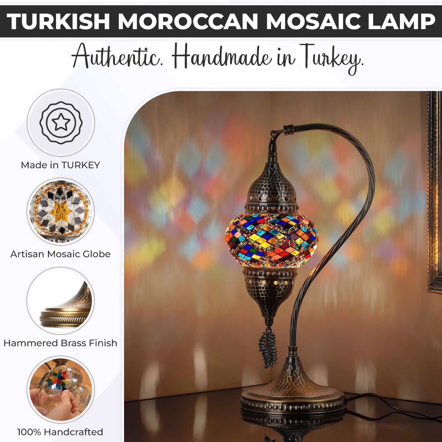 DEMMEX Turkish Moroccan Table Lamp, Swan Neck Tiffany Style Mosaic Glass Table Desk Bedside Lamp for Bedroom, Living Room – Handcrafted in Turkey, Amber Brown