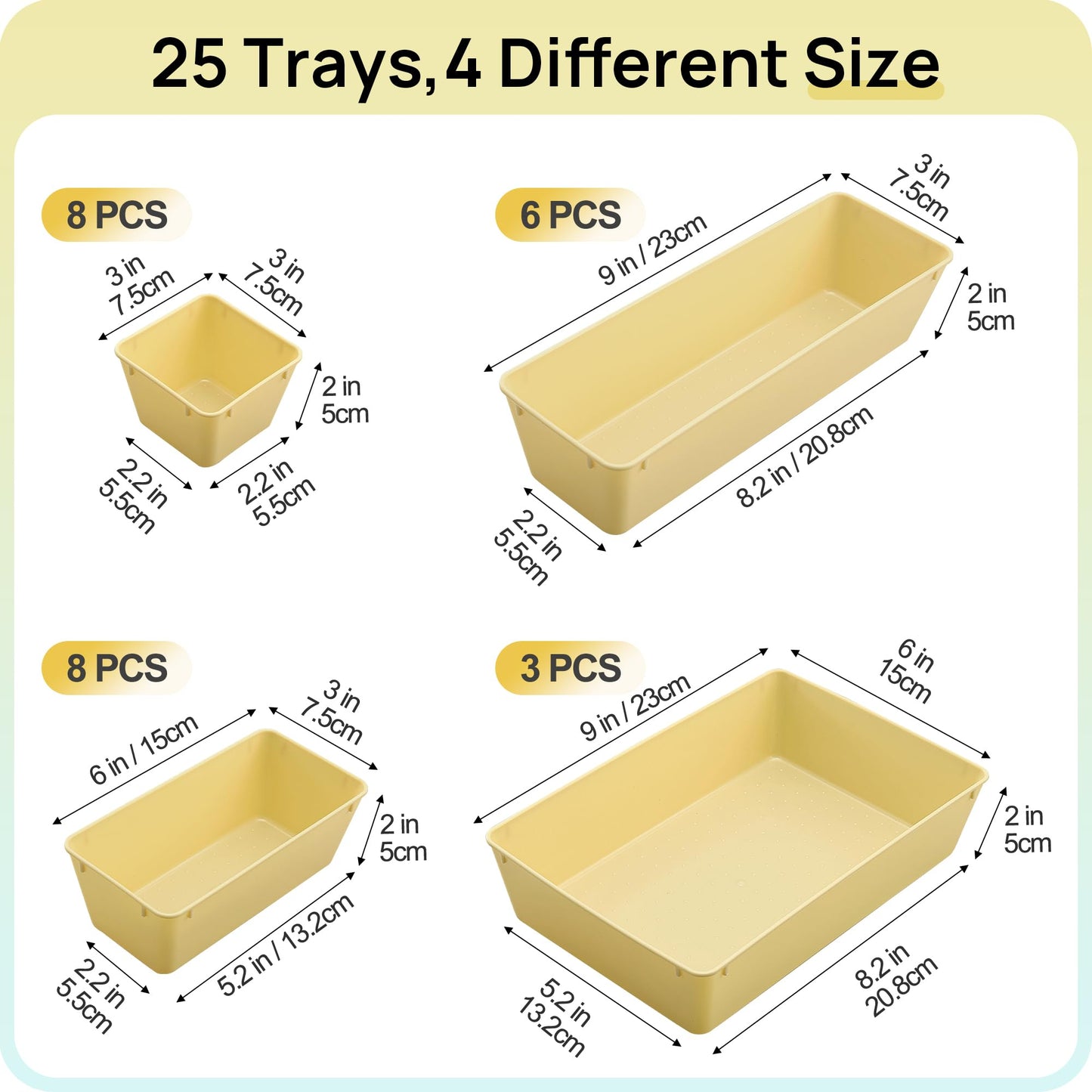 Vtopmart 25 PCS Plastic Drawer Organizers Set, 4-Size Versatile Bathroom and Vanity Drawer Organizer Trays, Storage Bins for Makeup, Bedroom, Kitchen Gadgets Utensils and Office
