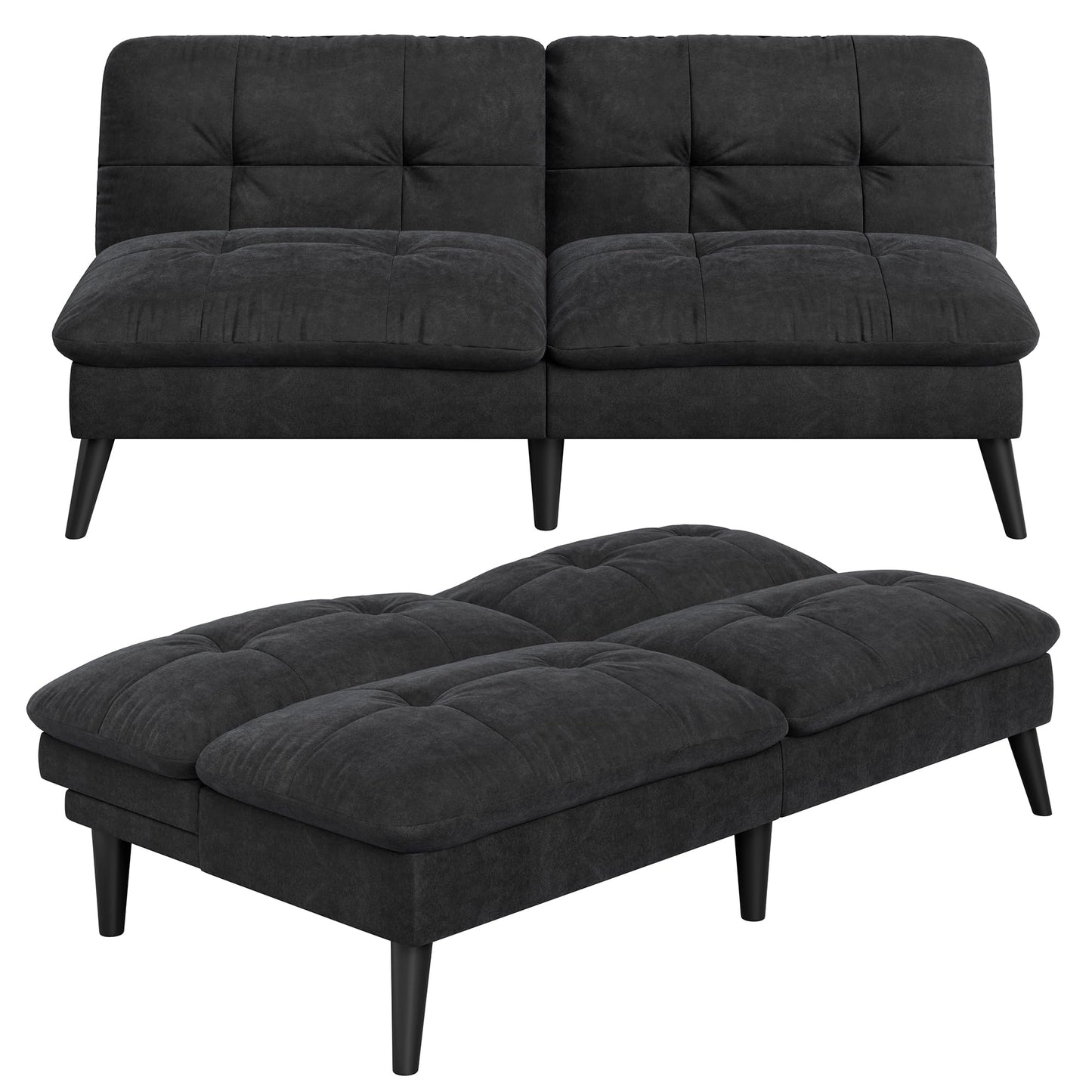 Vongrasig Futon Sofa Bed Velvet Futon Couch with Adjustable Backrest, Small Convertible Folding Sleeper Sofa Bed, Modern Loveseat for Living Room, Bedroom and Small Space, (Black)