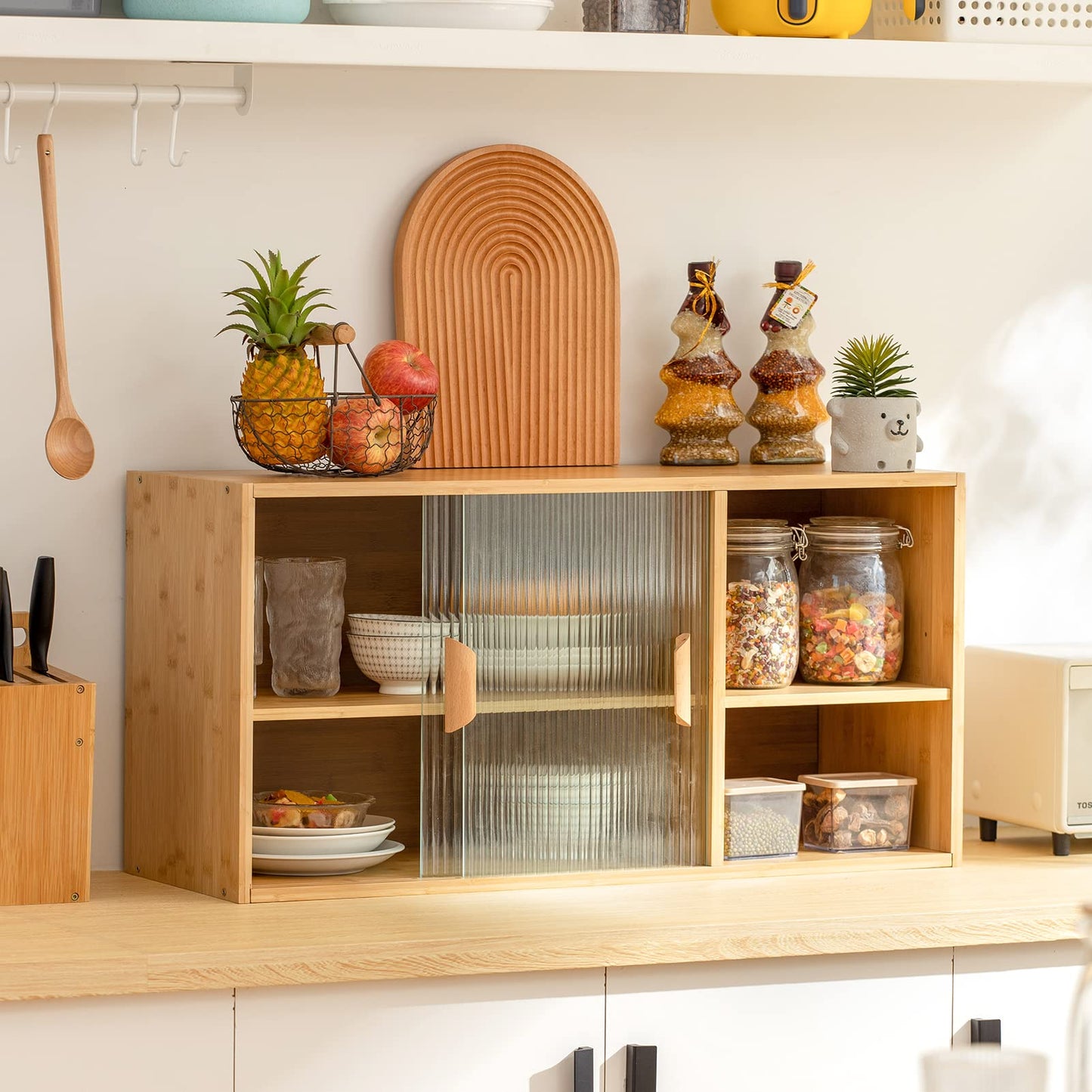 HollyHOME Bamboo Wall Mounted Kitchen Pantry Sideboard with 2 Doors and Adjustable Shelves, Freestanding Wall Storage Cabinet with Shelf for Bottle, Dish, Bowl, Console Dining Cupboard, Burlywood