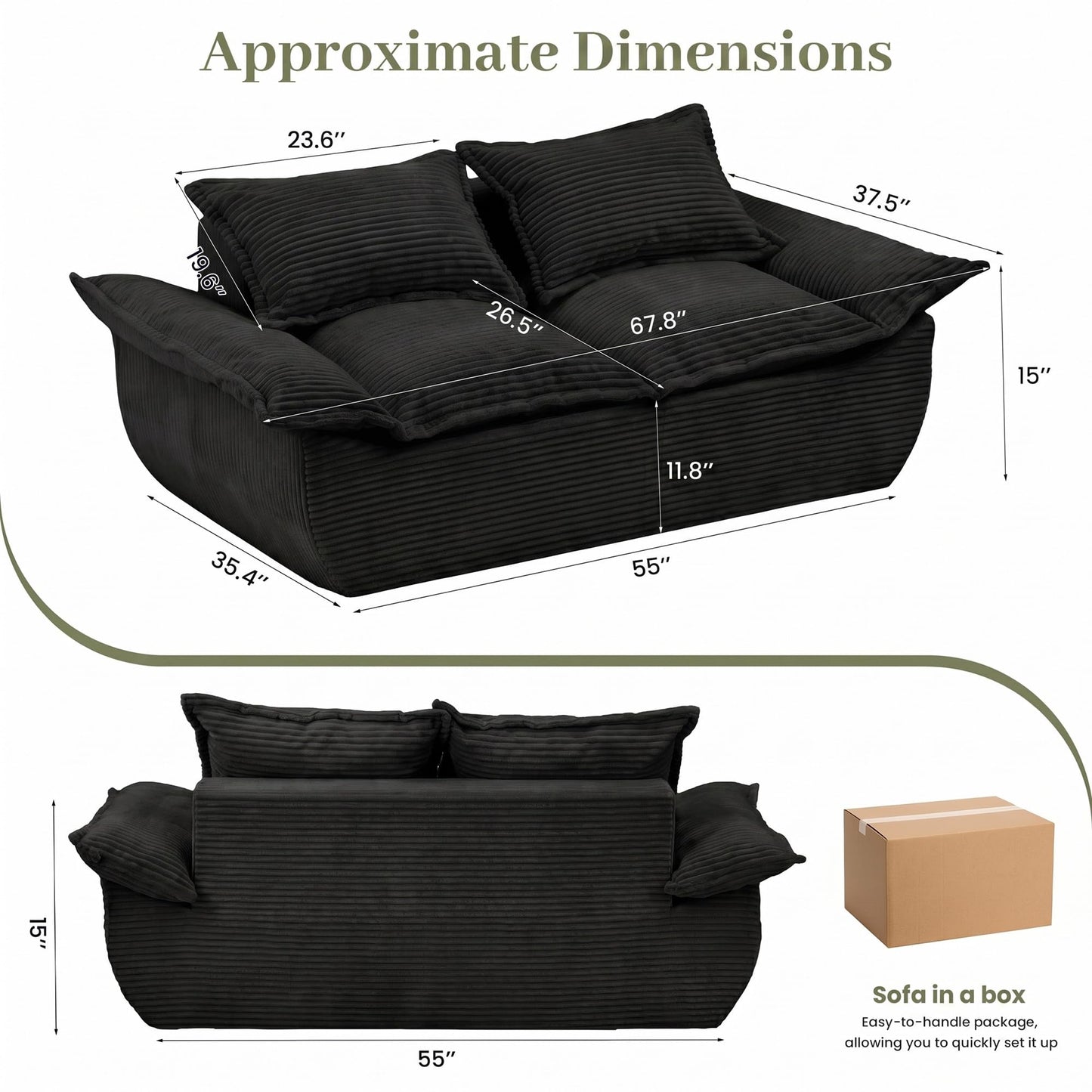 JUIKURY 55" Convertible Corduroy Sofa Bed, Boneless Foldable Loveseat Sleeper Couch, Compressed Foam Floor Sofa with Removable Cushions & Pillows for Small Space Living Room