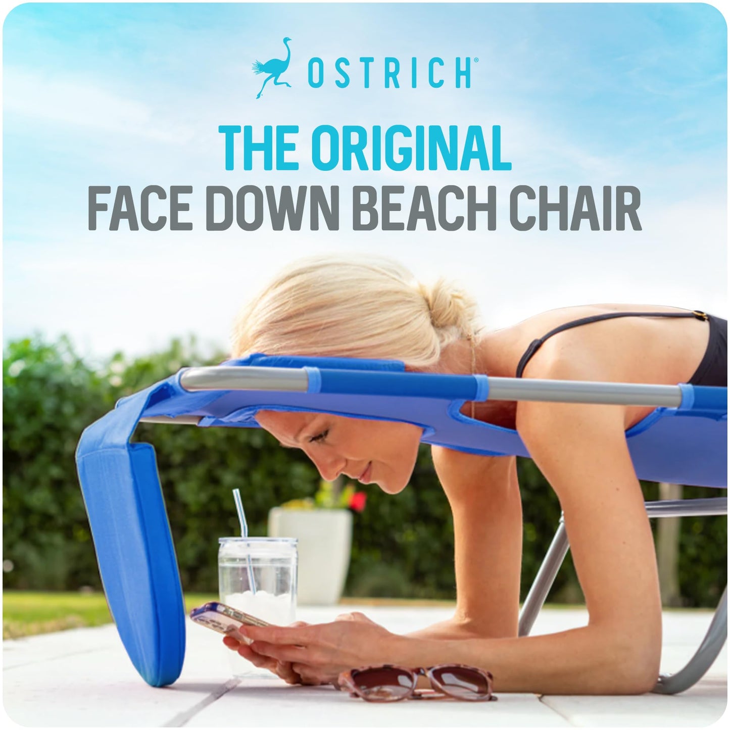 Ostrich the Original Chaise 72 x 22 Inch Lounge Portable Reclining Lounger, Outdoor Patio, Beach, Lawn, Camping, or Pool Tanning Chair, Ocean Blue