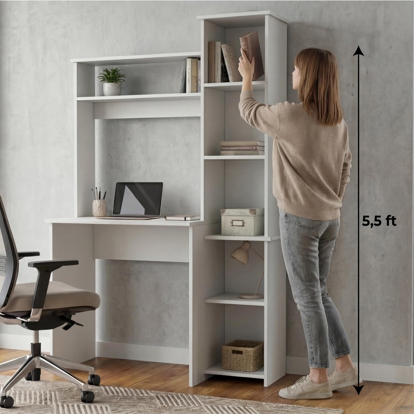 Tuhome Versalles Writing Desk with Two Superior Shelves, Five Side Open Storage Compartments, Space-Saving Modern Workstation Design for Studios and Offices, Ideal for Organization, Books