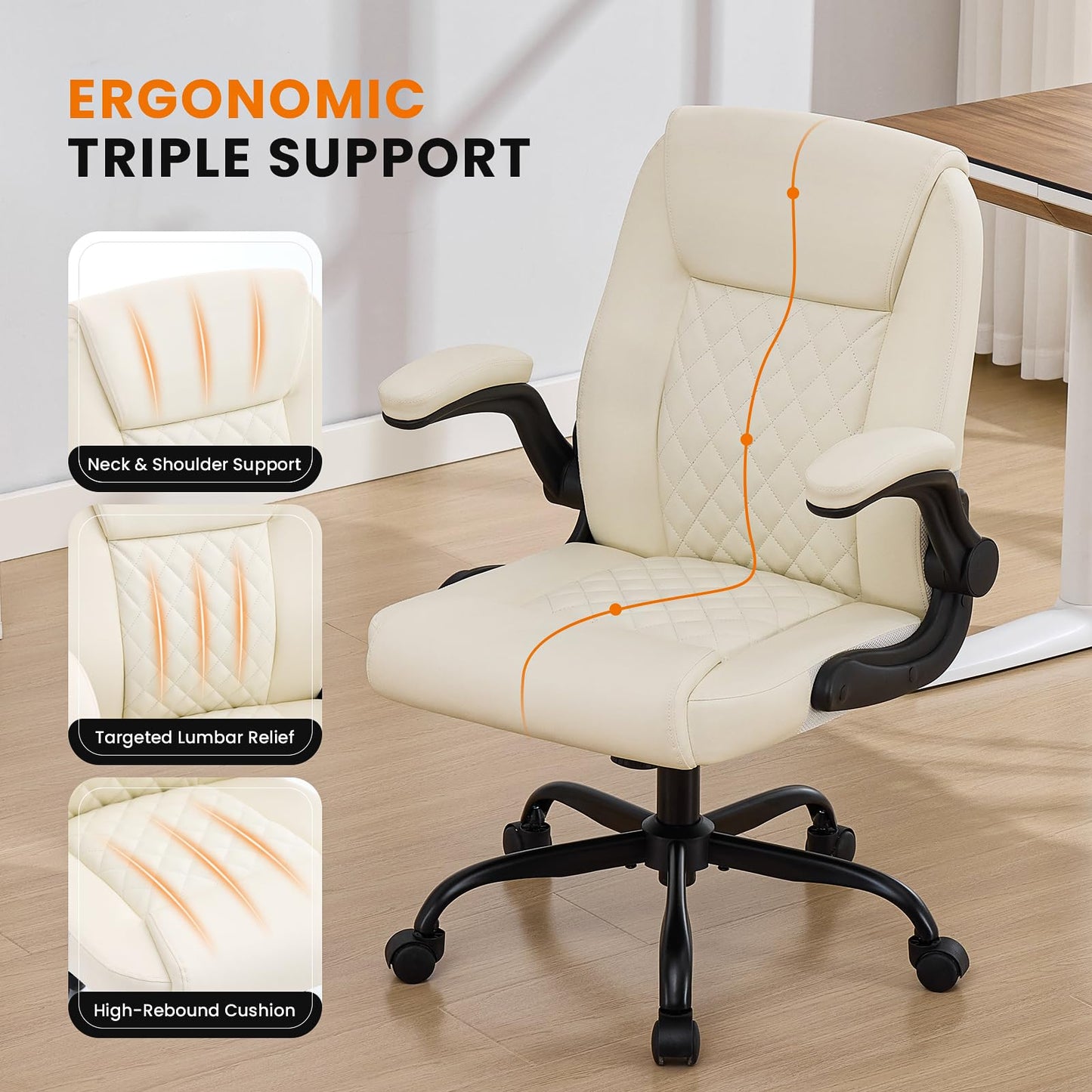 Leather Office Chair, 300lbs Heavy Duty Mid-Back Desk Chairs with Flip-up Armrests, Space-Saving Swivel Task Chair with Wheels, Adjustable Height and Ergonomic Back Support, Beige