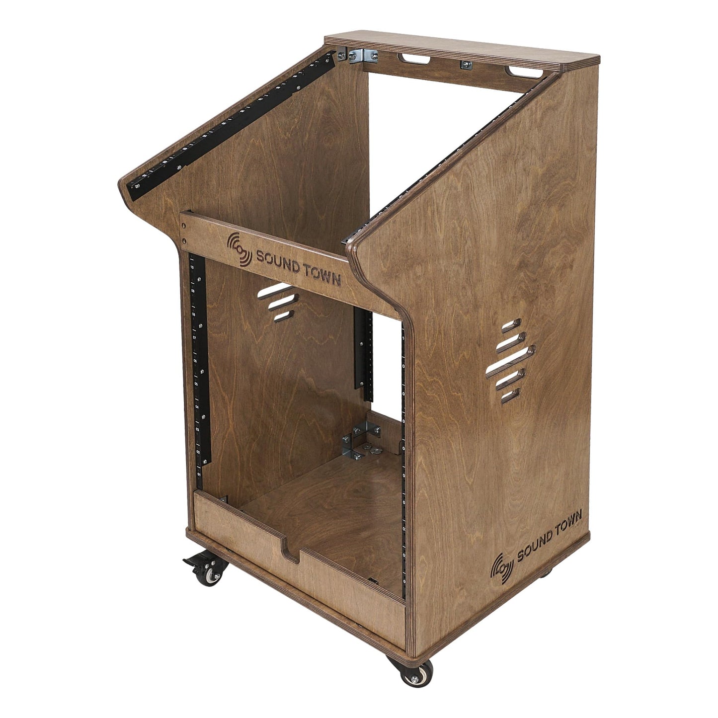 Sound Town DIY Studio Rack with 11U Slant Mixer Top, 10U Front Rack, 2U Bottom Storage, Casters, Rubber Feet, Baltic Plywood, Weathered Brown (SDRK-M11X12B)