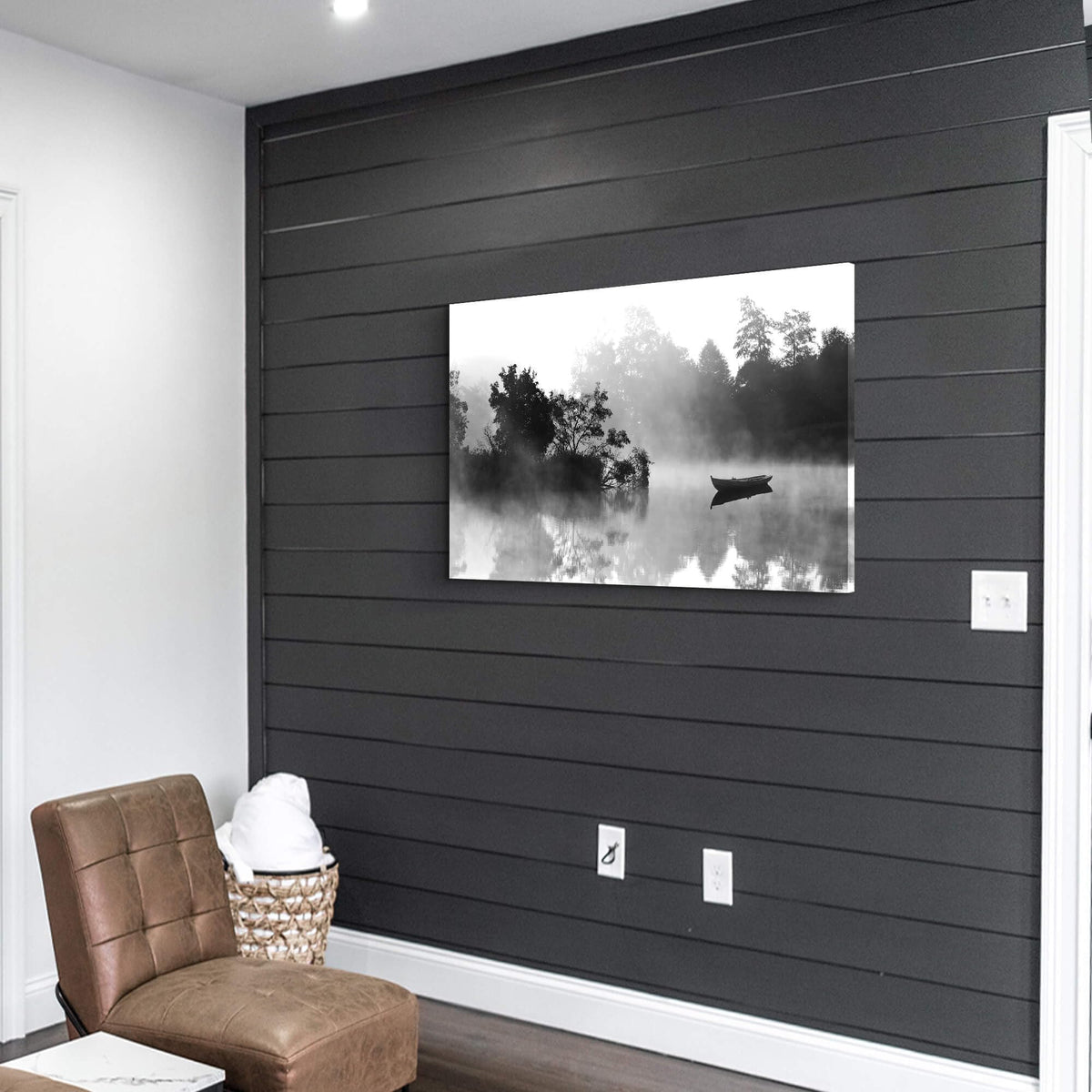 Nature Lake Wall Art Canvas: Foggy Forest Landscape Picture Water Scenery Print Black Boat Artwork Decor Calming Painting for Living Room Bedroom Home Office