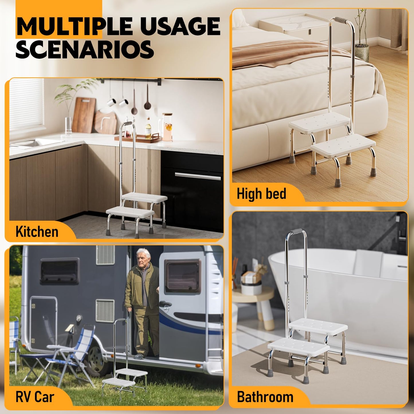 SPECILITE 2 Step Stool with Handle, Heavy Duty Foot Stool with 10 Height-Adjustable Handrail, Non-Slip Platform and 4 Buckles for Bed, RV, Kitchen, Bathtub, 360lbs Standing aids for Elderly, Adult