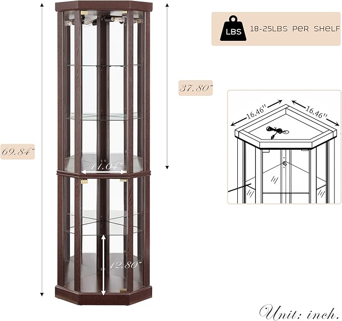 Corner Curio Cabinet, Light Bulb Inclued, Wine Bar China Cabinet