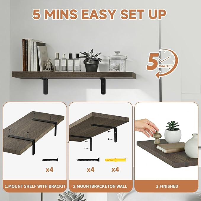 Easy Install Floating Shelves, 15.7 Inch Wall Mounted Wood Shelf, Hanging Shelf