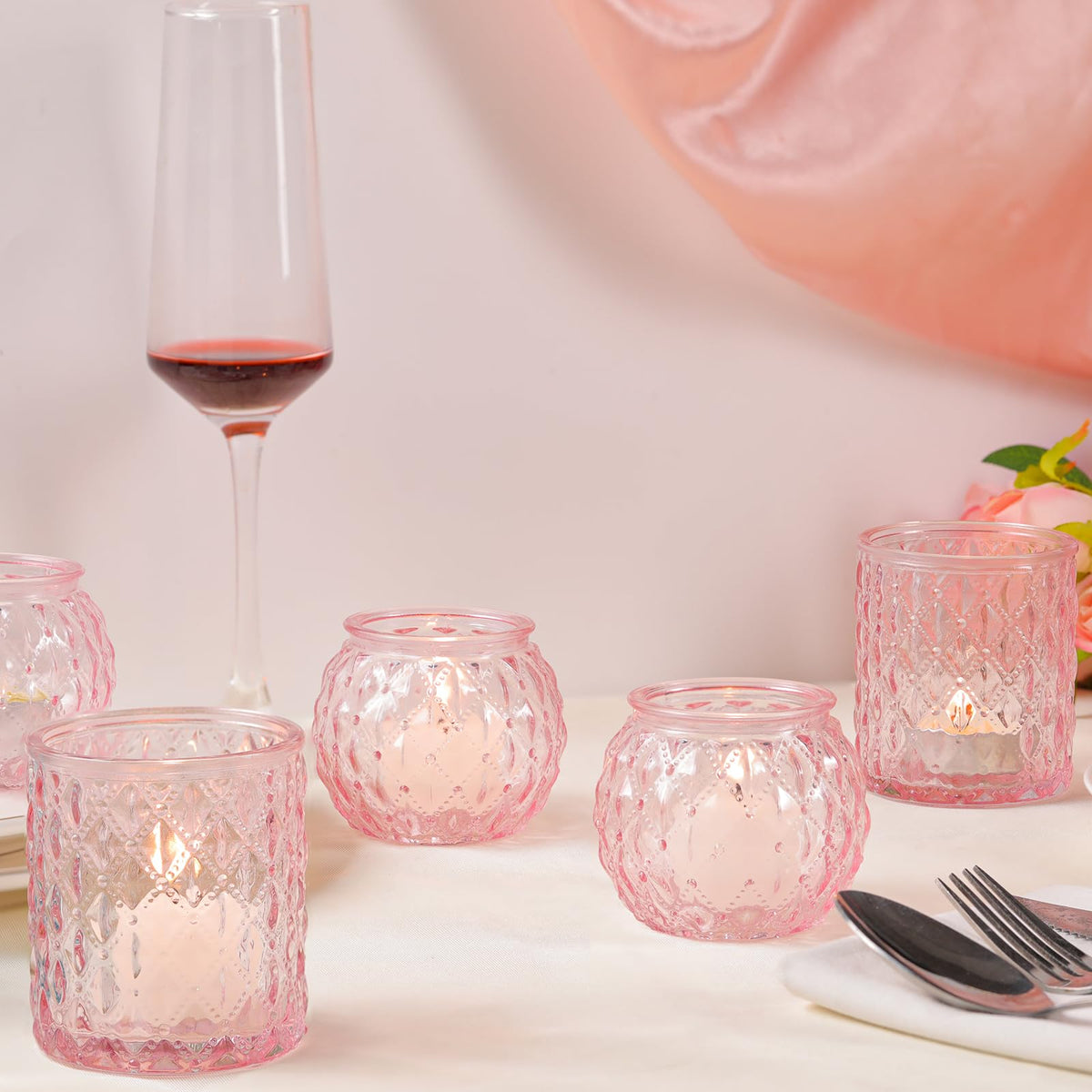 DARJEN Pink Votive Candle Holders- 10Pcs Glass Tealight Candle Holder, Size Upgrade Design for Home Decor, Romantic Candle Holder for Party & Dinner Table Centerpieces, Living Room Decor Gifts