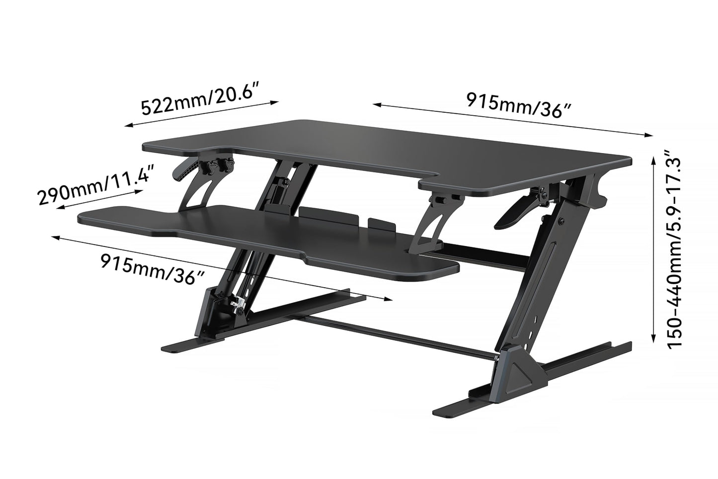 NSY Audio Standing Desk Converter 36 x 24 Inches - Height Adjustable Sit to Stand Riser with Keyboard Tray, Ergonomic Workstation for Home Office, Black
