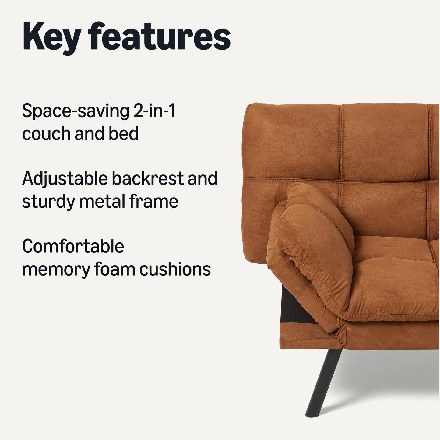 Amazon Basics Convertible Loveseat Sofa Bed with Memory Foam, Adjustable Positions, Linen Fabric, Modern Sleeper for Small Living Room, Office, Apartment, Brown