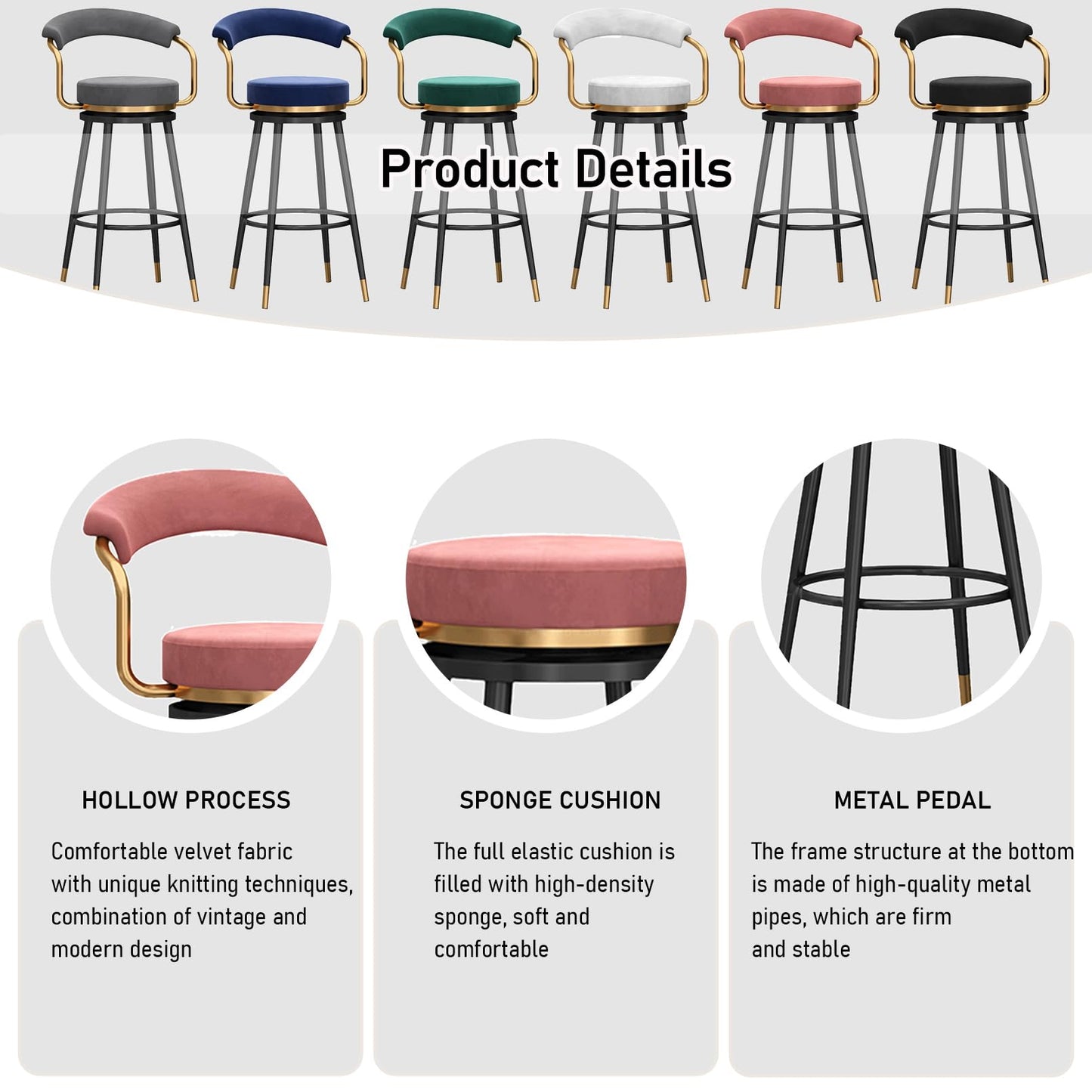 Tall Stools of 2, Height stools with Hollow Back, Velvet Swivel Chairs, Black Metal Legs, Kitchen Island Stools, Seat 65cm, Blue (Pink Seat Height 65cm)