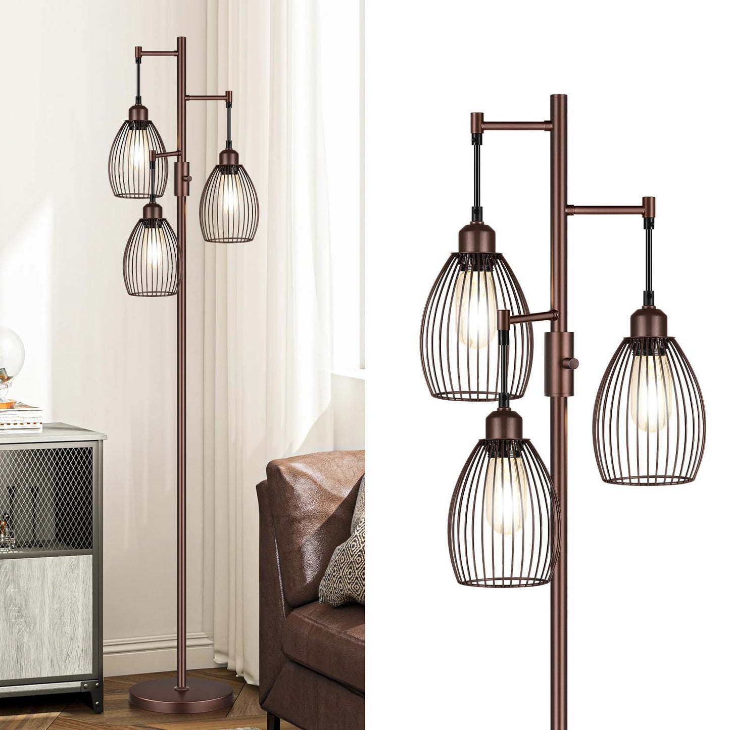Torondo Dimmable Farmhouse Industrial Floor Lamp, Matte Brown Tree Standing Tall Lamps with 3 Elegant Teardrop Cage Head & 800 Lumens LED Edison Bulbs for Living Room Bedroom Office Dining Room
