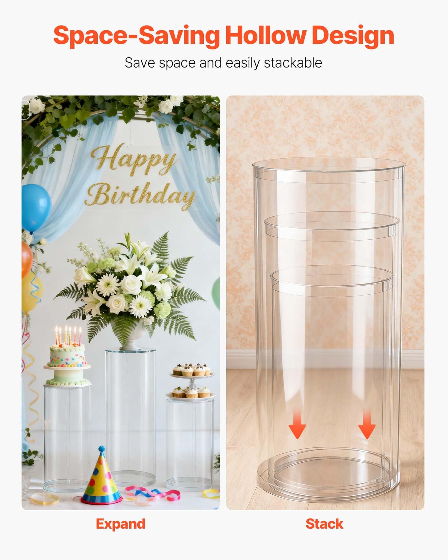 VEVOR Wedding Flower Stand, 3PCS 23.62/29.53/35.43 inch Round Cylinder Plinth, Clear Pedestal Stand with Transparent Acrylic Lid, Cylindrical Pedestal Stands for Wedding, Party, Birthday, Art Decor
