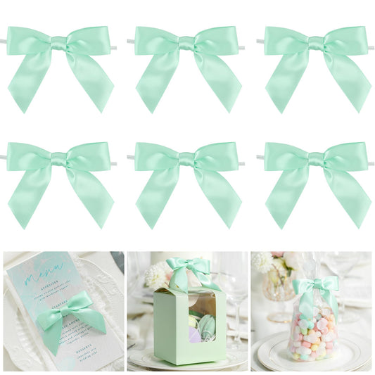 AIMUDI Twist Tie Bows for Treat Bags 3.5" Aqua Blue Satin Ribbon Bows for Crafts Premade Bows with Twist Ties for Crafts Cake Pop Candy Apple Small Bows for Gift Wrapping Wedding Decor, 50 PCs