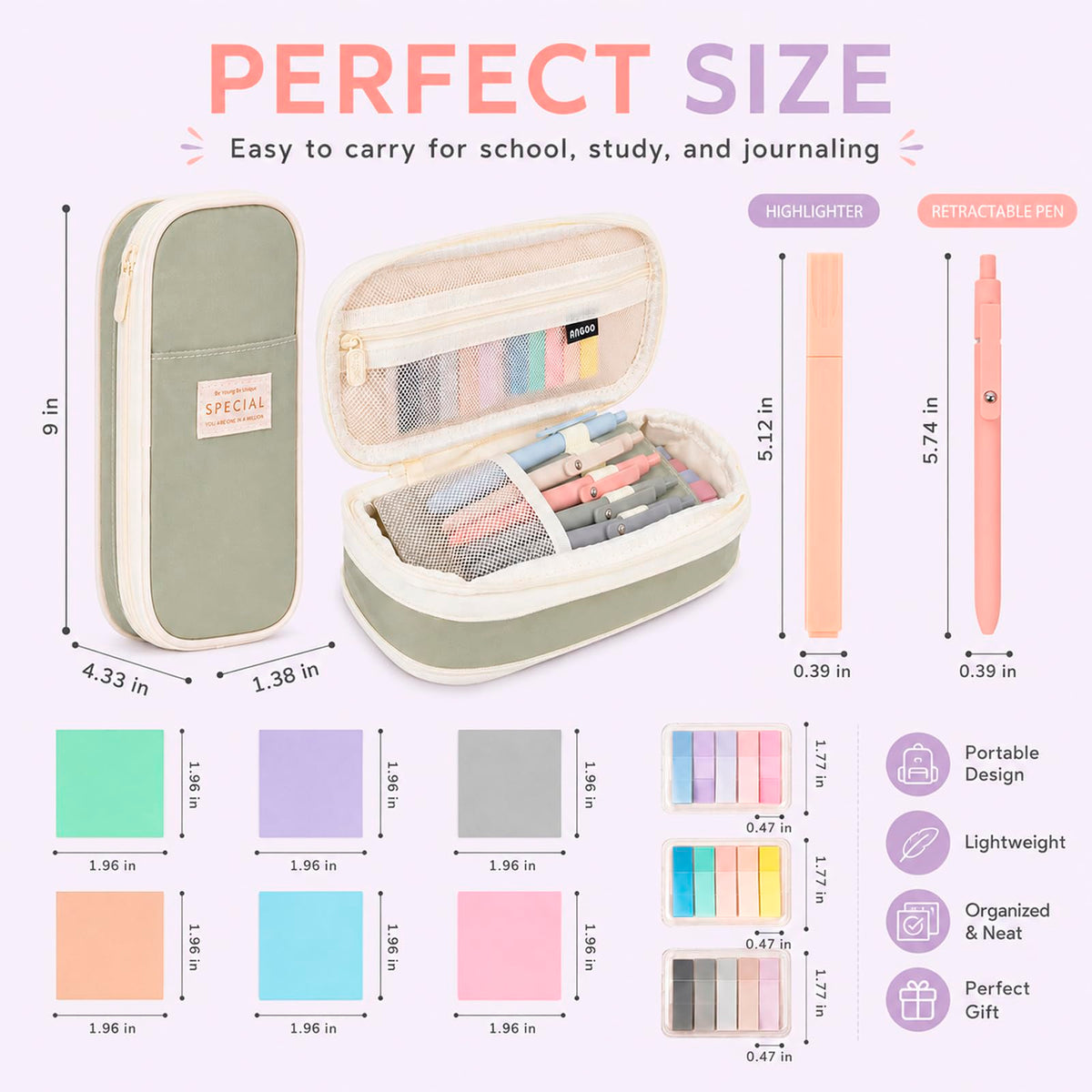 27 Pcs Aesthetic School Supplies Include 12 Pcs Aesthetic Highlighters Bible 1 Ppcs Big apacity Pen Case Bag 5 Pcs Retractable Quick Dry Gel Ink Pens 9 Pads Clear Sticky Tabs for School Office Home