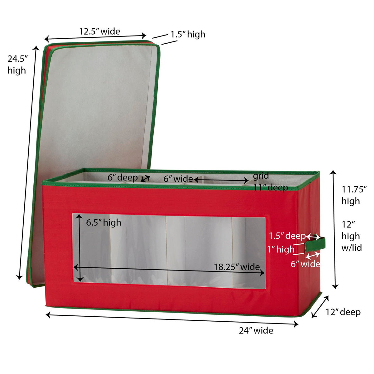 Household Essentials Holiday Figurine Storage Box, Windowed Storage with Lid, 8 Storage Compartments, Double Handles, Red with Green Trim