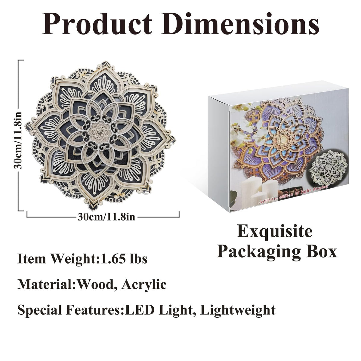 jvsufuik Mandala Wall Decor, Lighted Mandala Wall Art with LED Light, Lotus Flower Wall Art Decor, Boho Wooden Flower Night Light, Meditation Wall Hanging, Bohemian Yoga Home Decoration