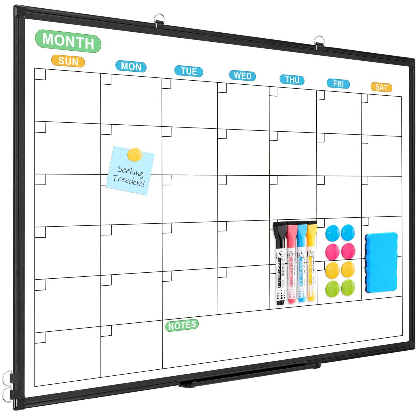 WALGLASS Dry Erase Calendar Whiteboard for Wall, 36" x 24" Double-Sided Monthly Calendar White Board with Black Aluminum Frame, Hanging or Wall Mount Whiteboard for Home, Office, School