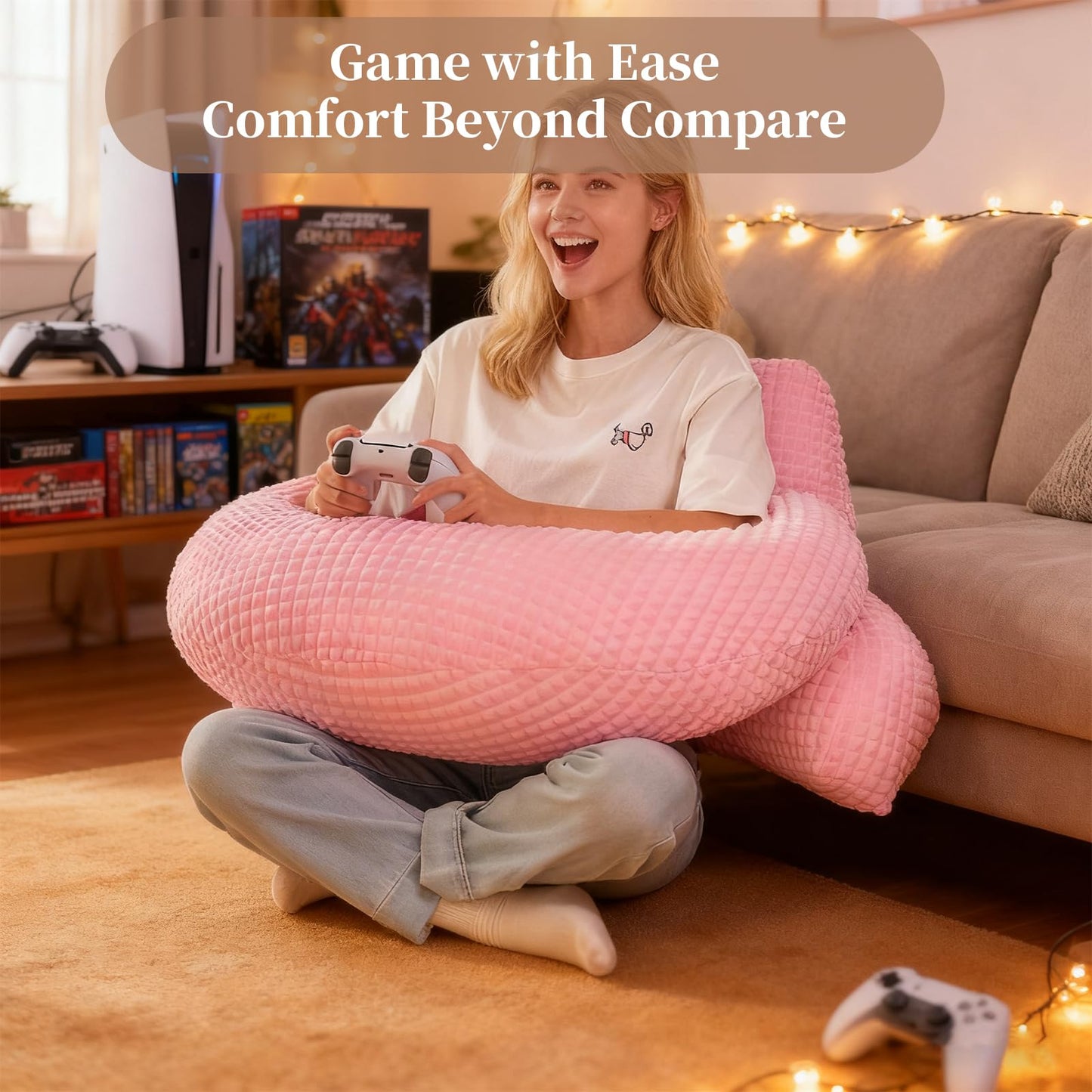 19" Reading Pillow for Bed,U Shaped Arm & Elbow Support,Pink Corduroy