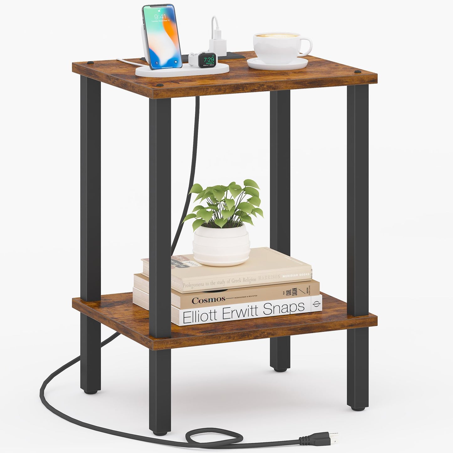 TUTOTAK End Table with Charging Station, Side Table with USB Ports and Outlets, Nightstand, 2-Tier Storage Shelf, Sofa Table for Small Space TB01BB040