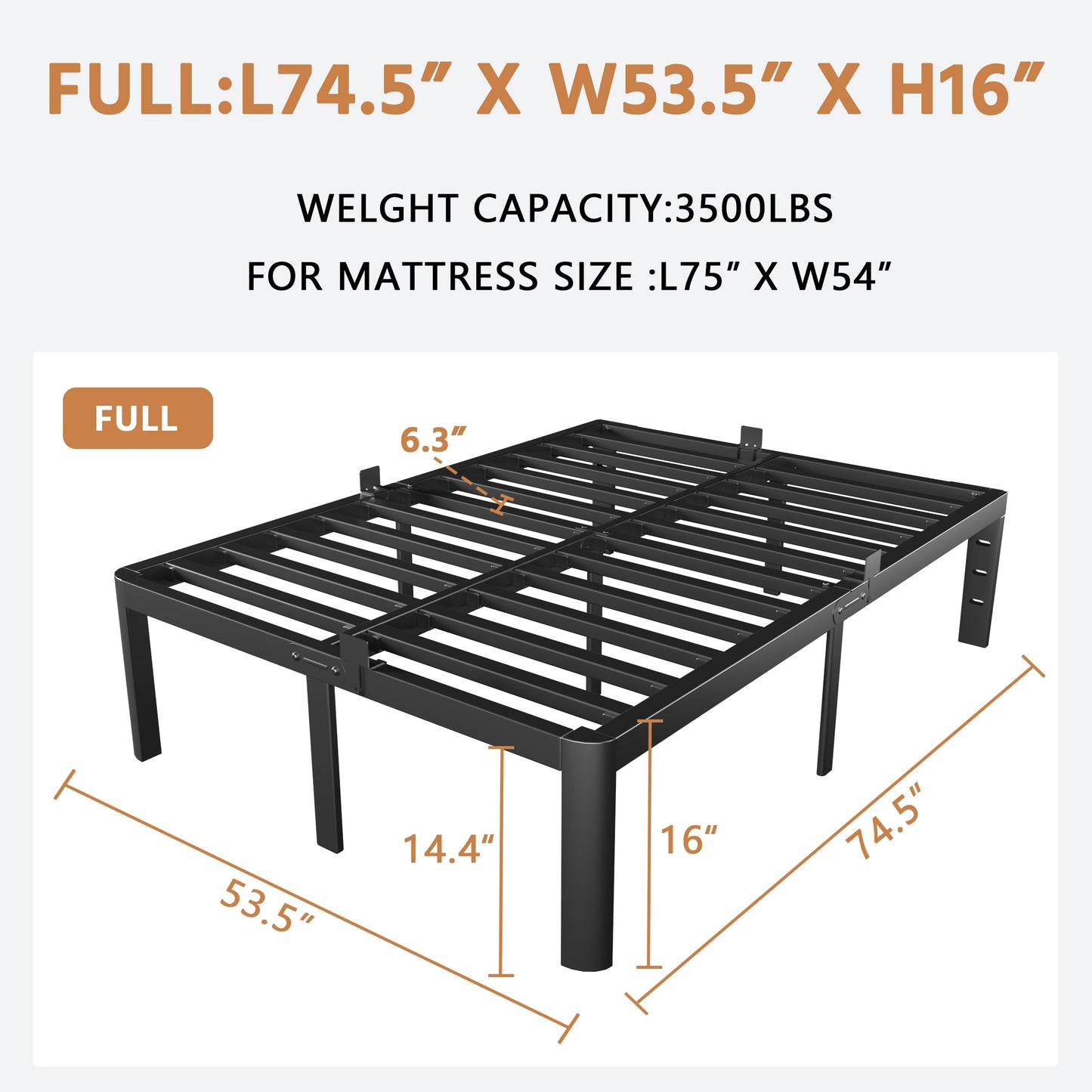 KZZLOL Full Size Bed Frame 16 Inch, Metal Platform Full Bed Frame No Box Spring Needed, DIY Headboard Hole, Heavy Duty Steel Support 3500 LBS, Noiseless, Round Leg, Storage Space, Easy Assembly, Black
