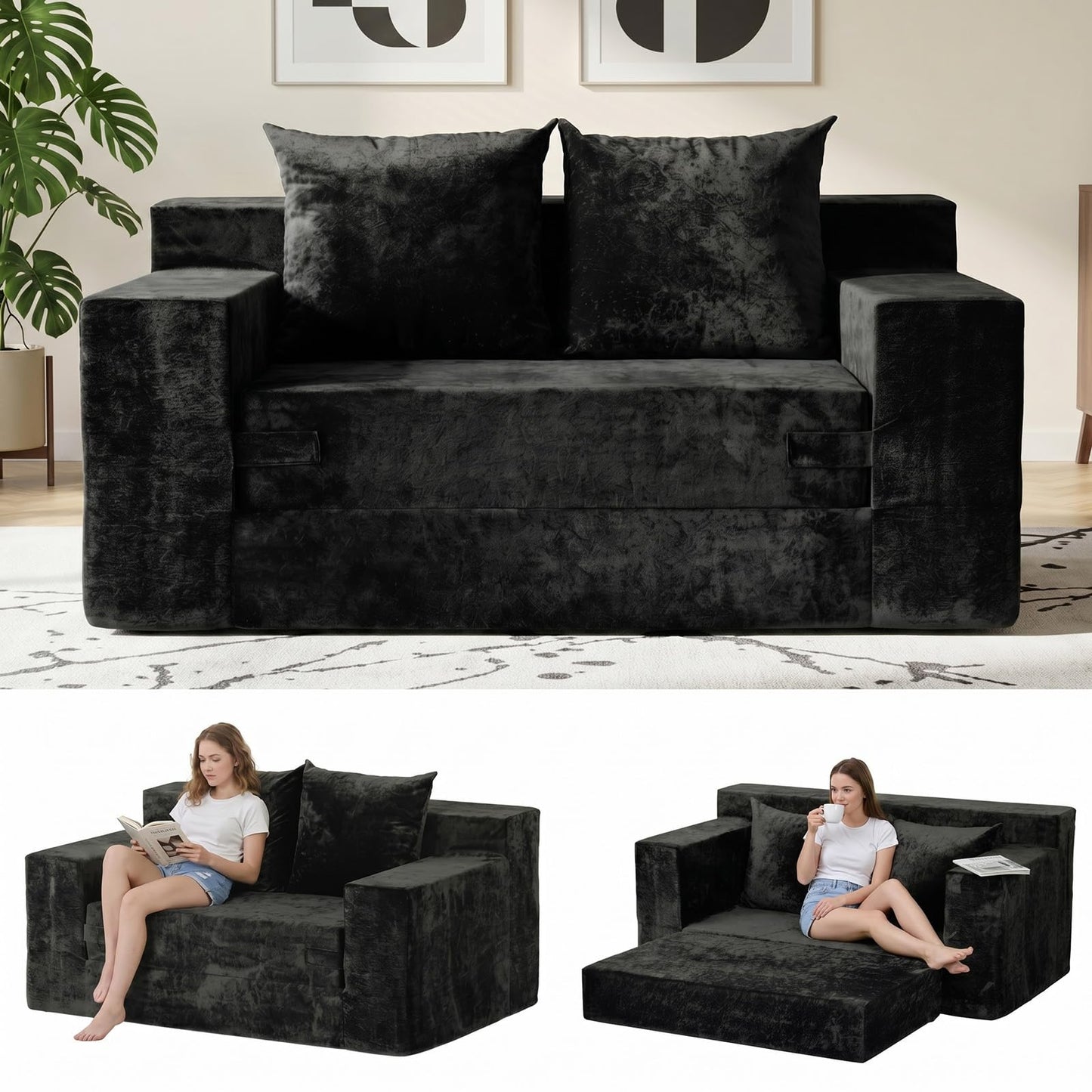 feliz home Boneless Loveseat Couch, Convertible Sofa Bed Folding Couch Bed, Boneless Chair Bed & Futon Sofa Bed, Small Pull Out Couch Foldable with 4 Pillows for Living Room, Black
