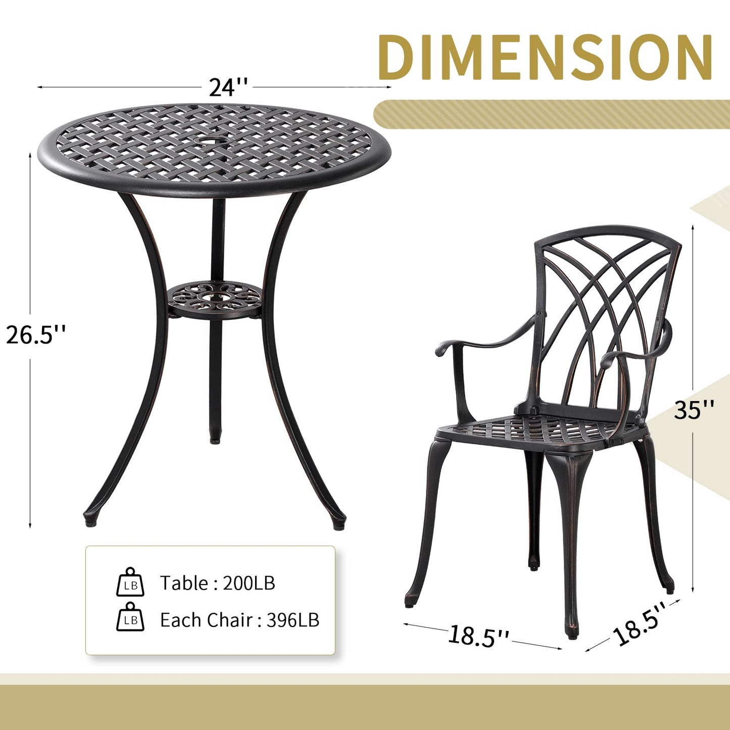 Withniture 3 Piece Patio Bistro Set Outdoor Bistro Table Set Anti Rust Bistro Table and Chairs w/Umbrella Hole, Durable Patio Set for Porch, Balcony
