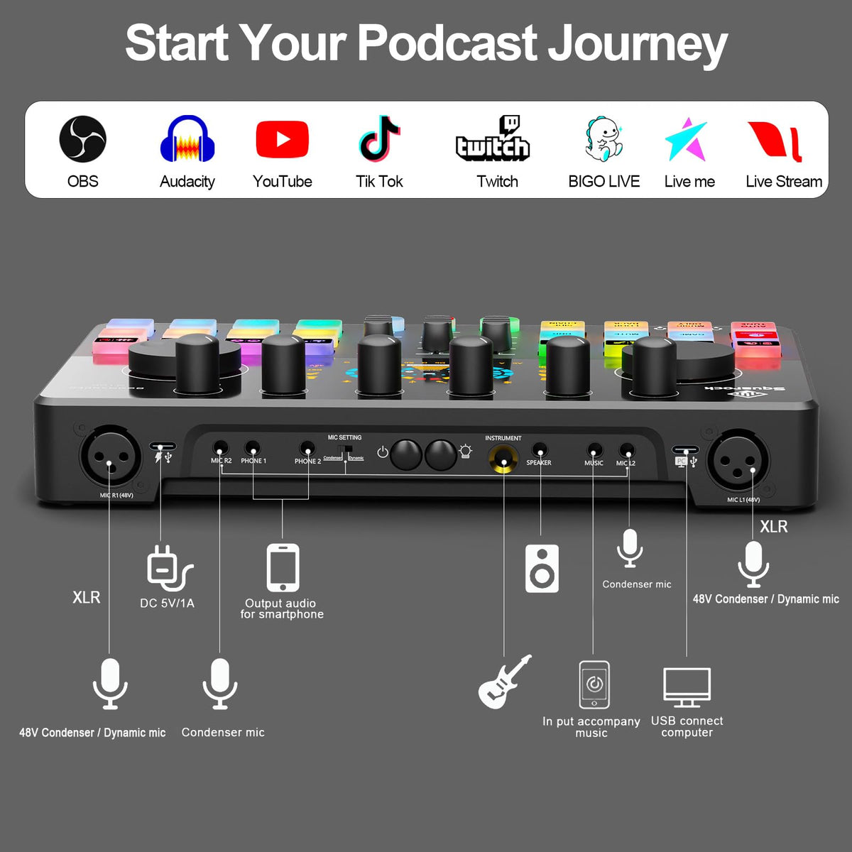 SquarockTek Podcast Equipment Bundle for 4, All-in-One Audio Mixer with Dynamic Micophones Noise Reduction for Live Streaming/Recording/Singing，PC,Smartphone，TikTok M100 3rd
