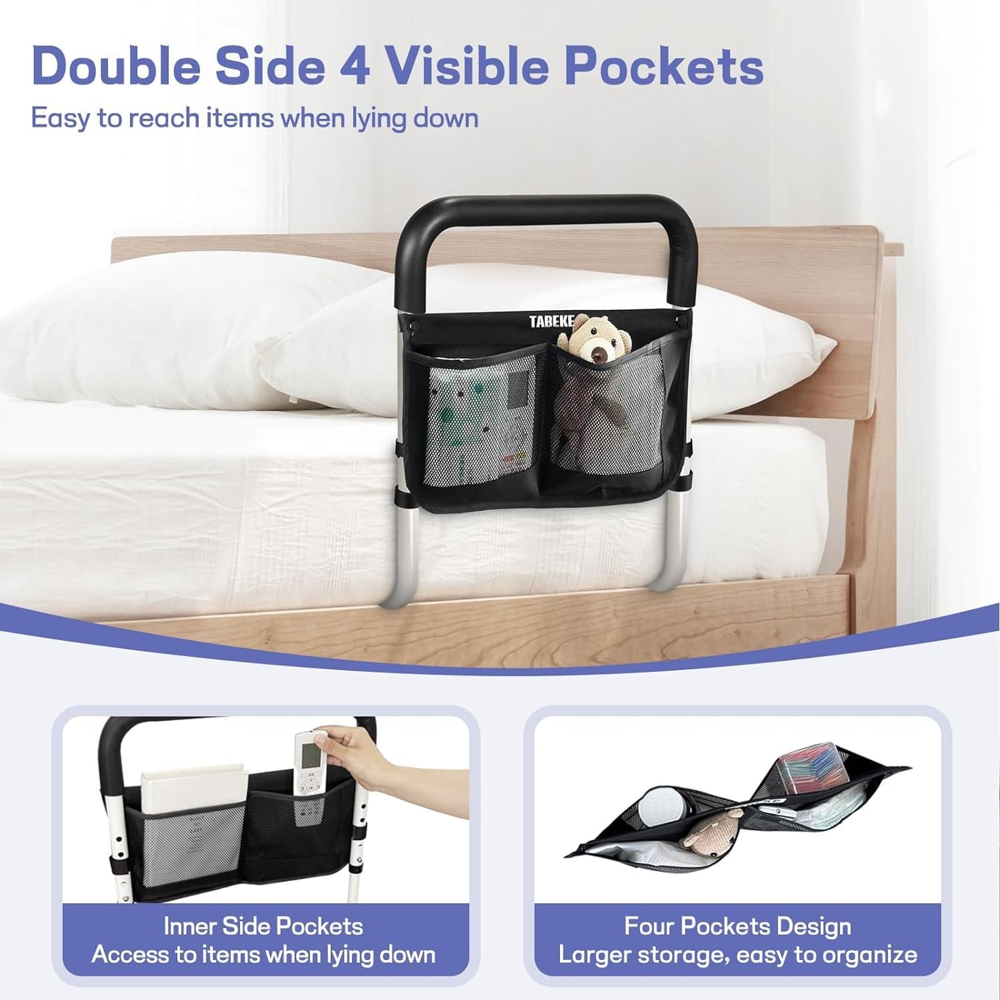 TABEKE Bed Rails for Elderly Adults Safety, Adjustable Senior Bed Assist Rail with Non-Slip Handle and Double Side Storage Pocket Fits King, Queen, Full, Twin Bed