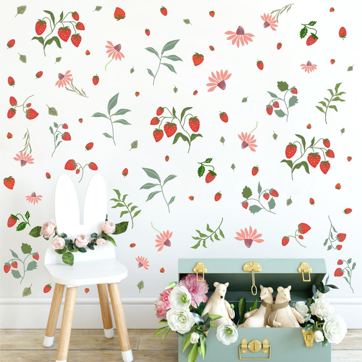 Strawberry Wall Decals Berry Fruit Wall Stickers Floral Leaf Fruits Leaves Stickers Cute Strawberries Wall Sticker Removable Berries Strawberry Decals for Nursery Girls Room Bedroom Decor