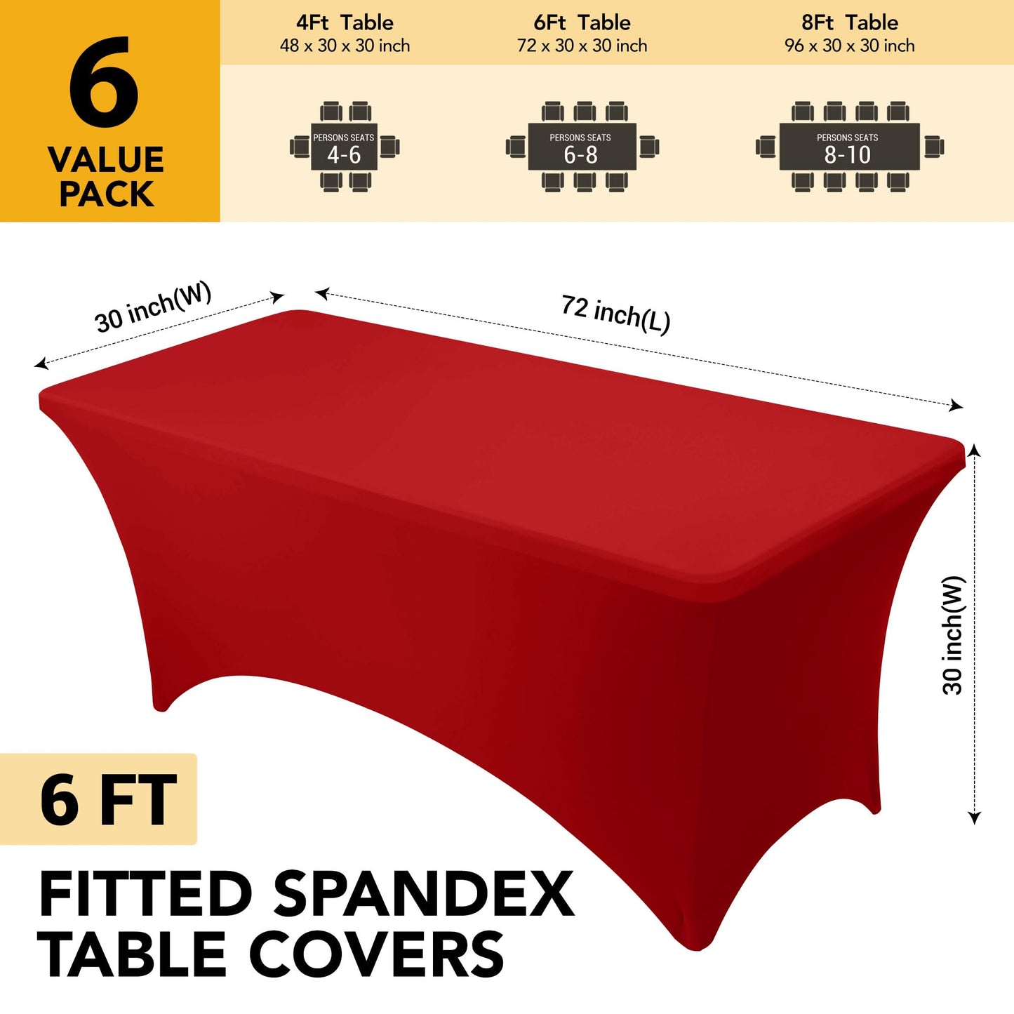 Dailyset 6-Pack Premium Red Spandex Tablecloths for 6ft Rectangle Tables, Stain & Wrinkle-Resistant, Washable Stretch Polyester Fitted Table Cover for Weddings, Banquets, Trade Shows Events