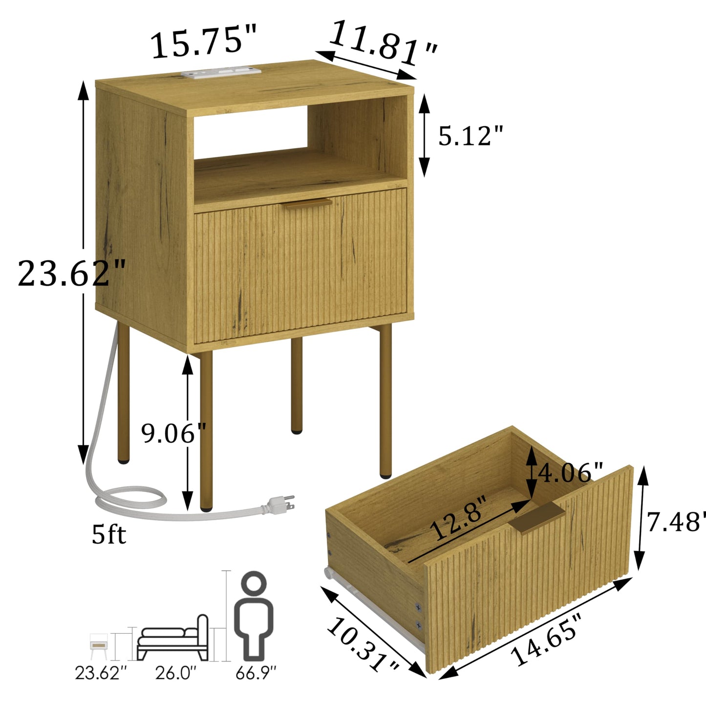 JOONEE Nightstand with Charging Station, Bedside Table with Storage Drawer, Fluted Side Table for Living Room, Bedroom