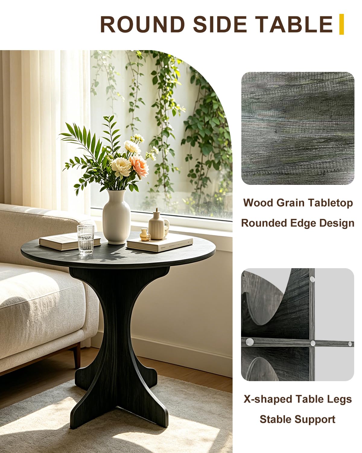 Modern Round Side Table, 24in Minimalist Accent End Table with Curved Tripod Base, Compact Round Sofa Side Table, Easy Assembly Nightstand for Living Room Bedroom Balcony Small Spaces-Gray Oak