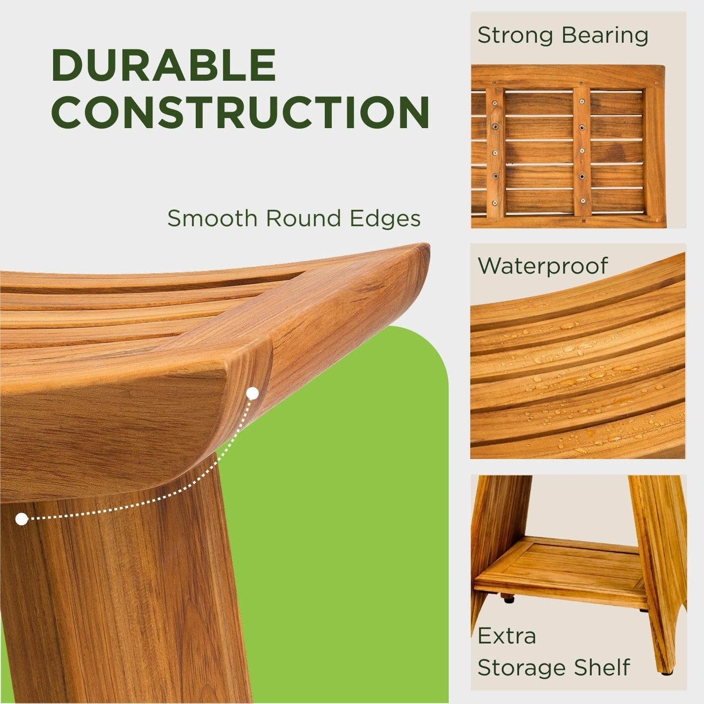 GREENTEAK Premium 18" Teak Wood Shower Bench with Shelf, 2-Tier Waterproof Teak Shower Stool, Non-Slip Feet for Enhanced Safety, Spa Bath Seat for Bathroom, Indoor & Outdoor, 300 lb Capacity (Curved)
