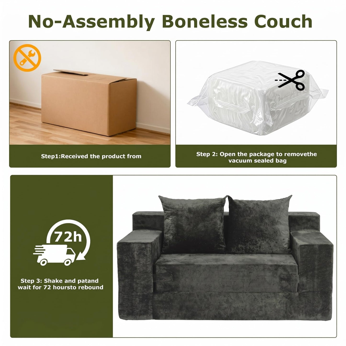 feliz home Boneless Loveseat Couches, Convertible Sofa Bed Folding Couch Bed, Boneless Chair Bed & Futon Sofa Bed, Small Pull Out Couch Foldable with 4 Pillows for Living Room, Dark Grey