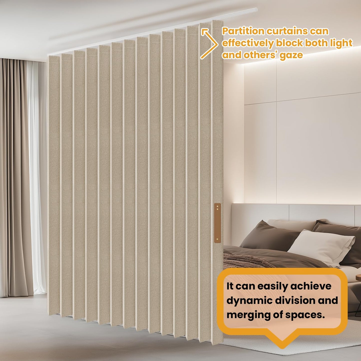 JILRON Accordion Folding Room Partition with Ceiling Track - Retractable Room Divider Curtain, Effortless Setup(Beige 100" W x 84" L-Pack of 1)
