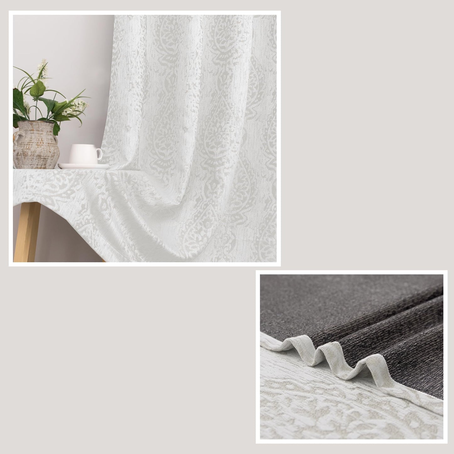 Mrs.Naturall Greige Curtains for Bedroom 45 Inch Length, Off White 50% Blackout Black Out Grommet Boho Damask Window Treatments Curtain Drapes, Cream