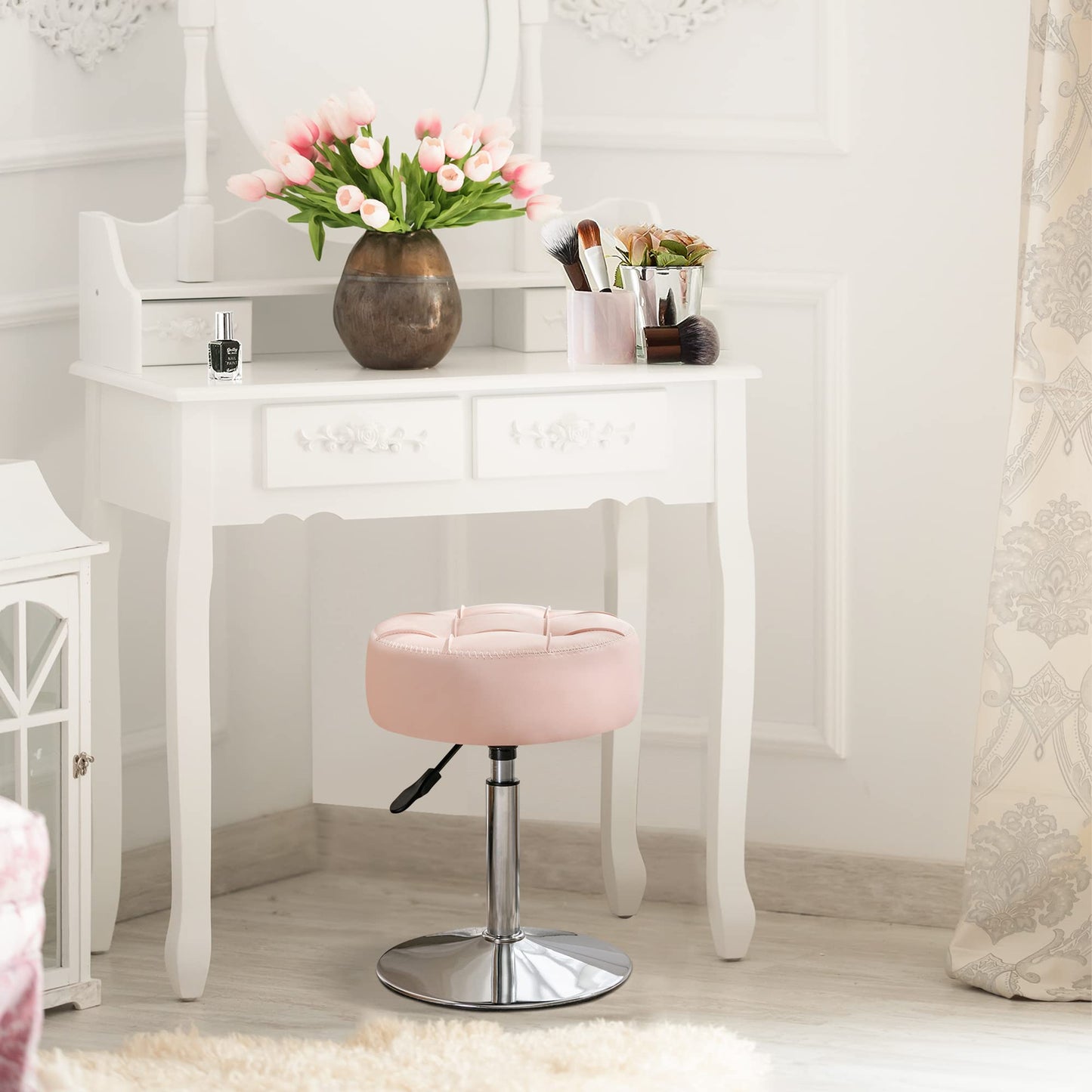 LUE BONA Adjustable Vanity Stool, 360°Swivel Vanity Chair for Makeup Room, Pink Stool Chair for Vanity, Small Faux Leather Vanity Stools for Bathroom, Living Room