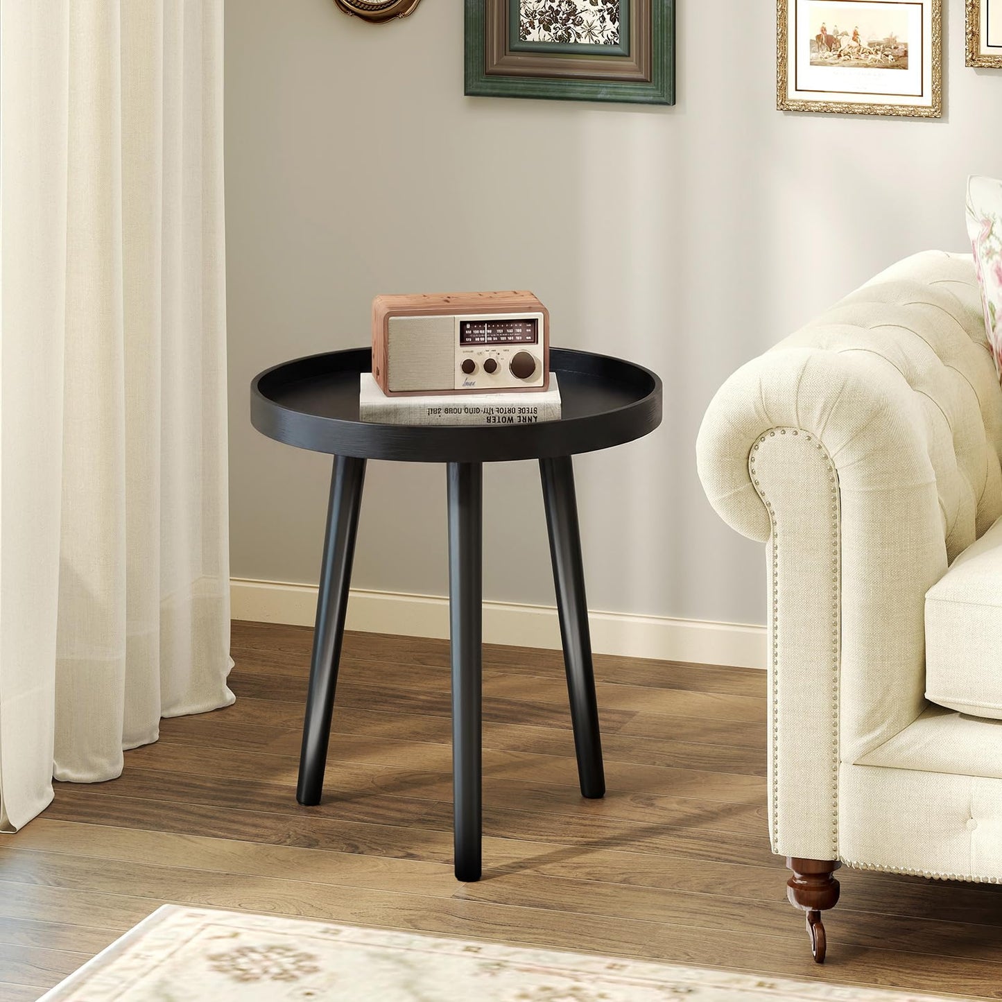 Giantex Round End Table, Mid Century Modern Side Table with Wooden Tray & Bamboo Legs, Sofa Couch Accent Table, Small Coffee Table for Small Space Living Room, Nightstand for Bedroom, Black