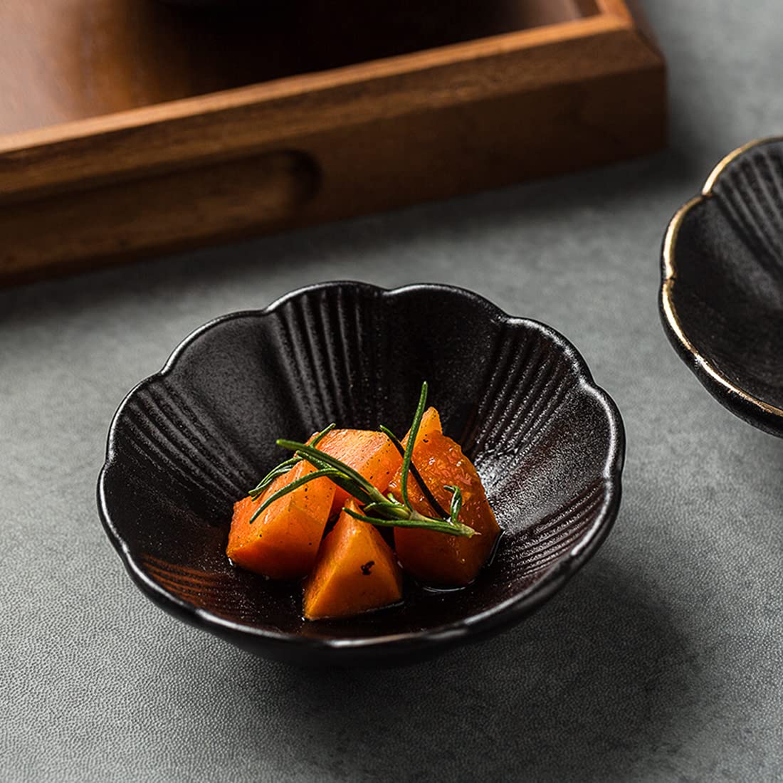 Dipping Bowls, Soy Sauce Dish Ceramic, Small Serving Bowls for Side Dishes Vintage Black Stylish Design, Set of 6 Mini Appetizer Plates for Condiment Sushi Ketchup BBQ Party, 3.34 Inch