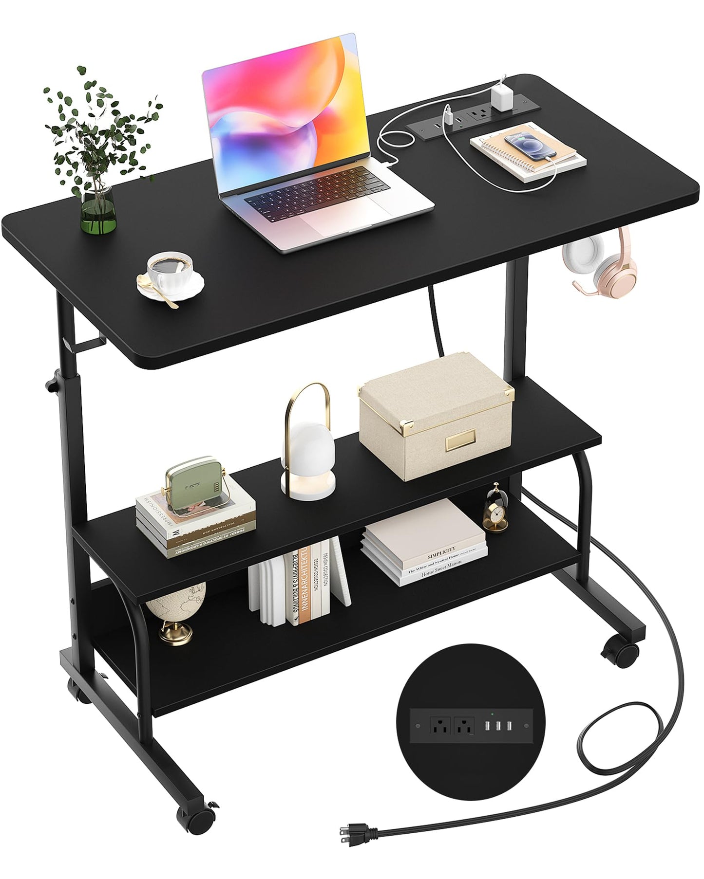 Armocity Rolling Standing Desk with Charging Station, Portable Height Adjustable Mobile Computer Desk with Wheels & 2-Tier Shelves & Hooks, Easy Assembly Laptop Table for Couch Bed, 32" Black