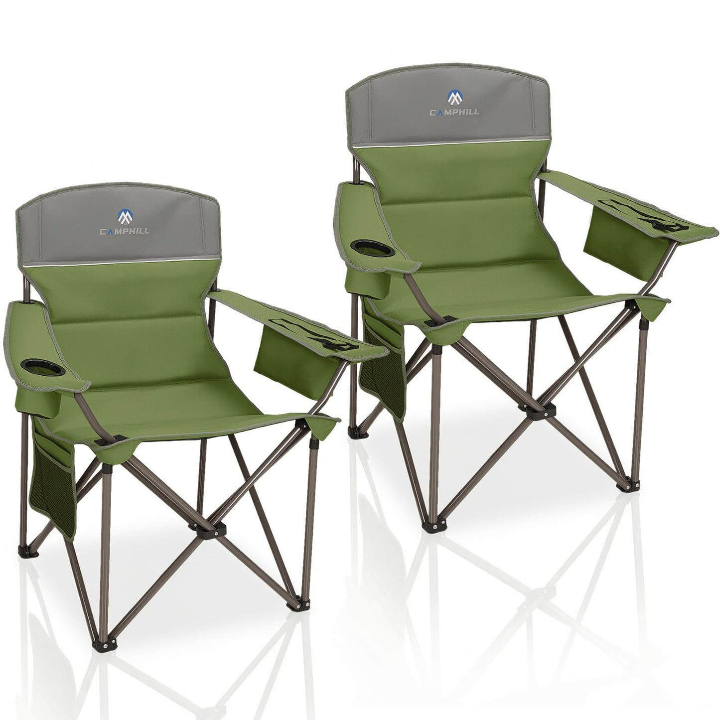 CAMPHILL Oversized Camping Chairs 2 Pack - Heavy Duty 400LBS Padded Lawn Chair with Cooler Bag,Cup Holder,Side Pocket,Collapsible for Outdoor,Camp,Fishing & Garden,Olive Green