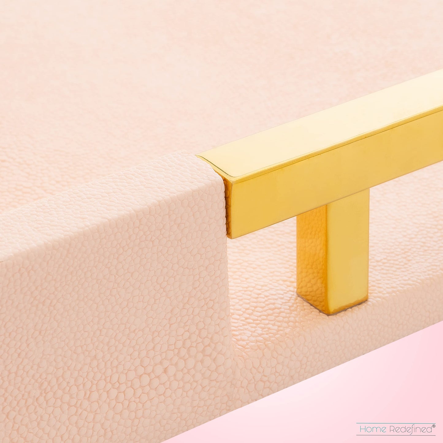 Home Redefined Modern Elegant 17.5"x12" Rectangle Baby Pink Tray Glossy Shagreen Faux Leather Decorative Ottoman Coffee Table Perfume Dresser Kitchen Serving Tray with Gold Polished Metal Handles.