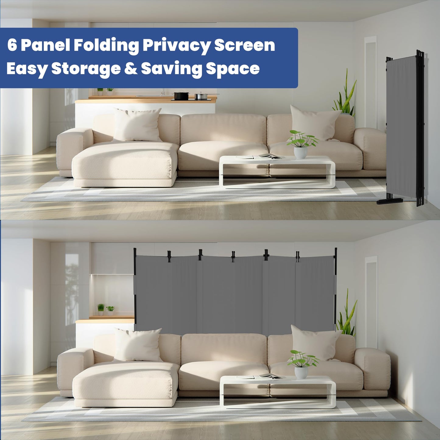 Phonjoroo Room Divider, 6 Panel Upgraded Folding Privacy Screen, 132” Highly Secretive Separation with 4 Metal Feet, Partition Screen, Lightweight Freestanding Wall Divider Bedroom (Grey)